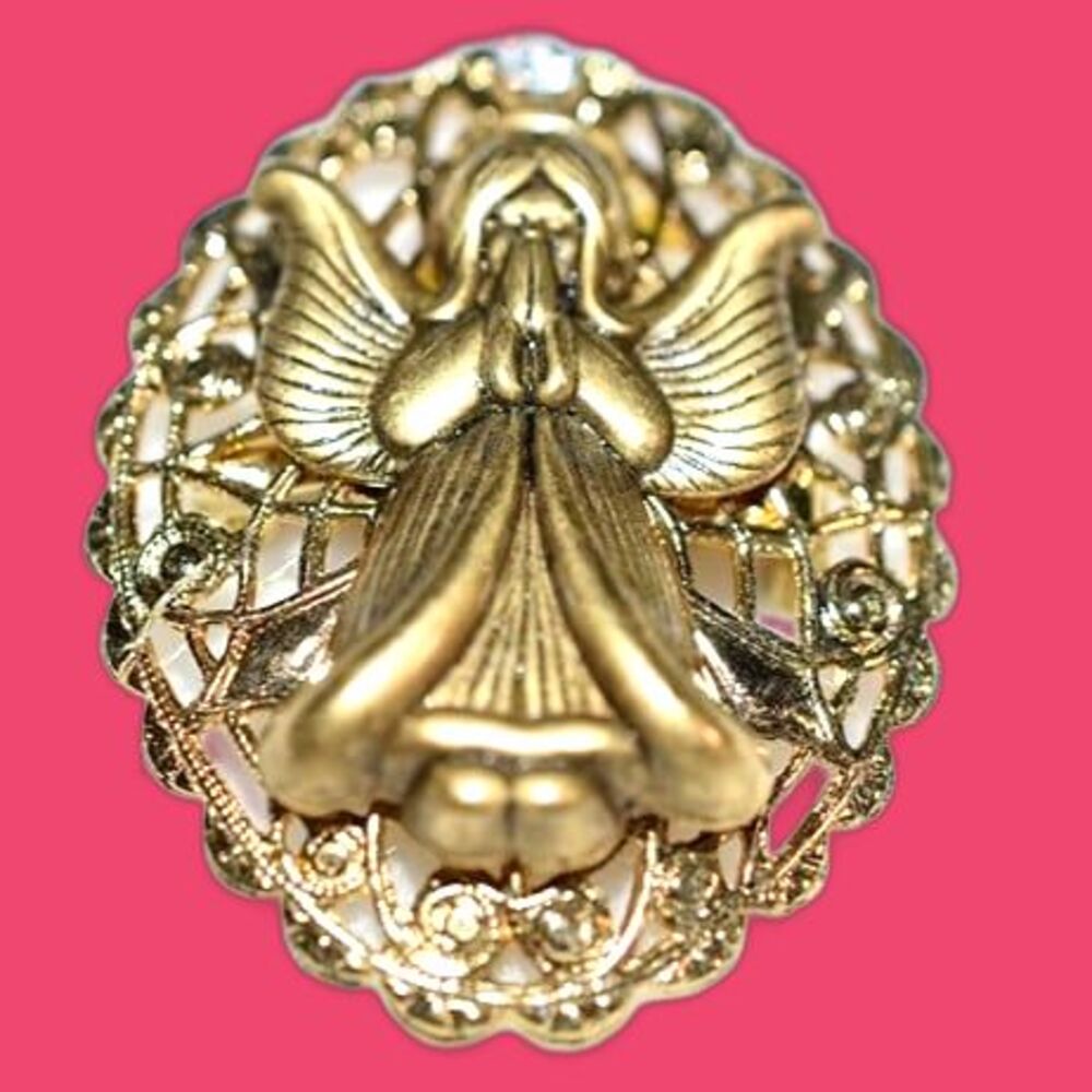 Rare Vintage Praying Angle Filigree Gold Tone Single Rhinestone Religous Brooch